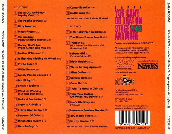 Image of Back Cover of 2xCD - VG+/VG+ - FRANK ZAPPA, You Can't Do That On Stage Anymore Vol. 6 (Zappa Records; CDDZAP 47, UK & Europe 1992, Fatbox Double Case, 2 Booklets), ,  - 1516009C