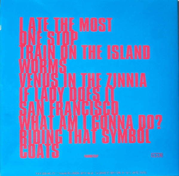 Image of Back Cover of LP - NEW/NEW - ALDOUS HARDING, Train on the Island (4AD; 4AD0873LPE, Europe 2026, Inner, Indie Exclusive Blue Vinyl), , The 10-track Train On The Island was co-produced by long-time collaborator John Parish (PJ Harvey, Dry Cleaning) at Rockfield Studios in Monmouth, Wales, where the pair recorded the New Zealander s previous bodies of work, Party (2017), Designer (2019) and Warm Chris (2022). Joining Harding and Parish on Train On The Island were pedal steel player Joe Harvey-Whyte, h