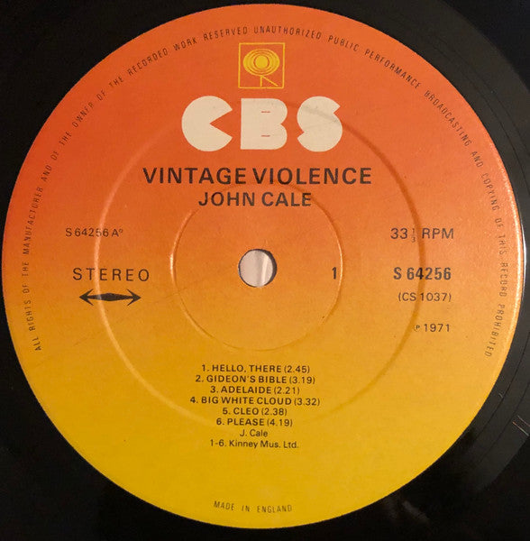 Image of Label Cover of LP - G/VG - JOHN CALE, Vintage Violence (CBS Sunburst; 64256, UK 1974), Top seam is completely split. Edgewear and ringwear. ,  - 1526017E