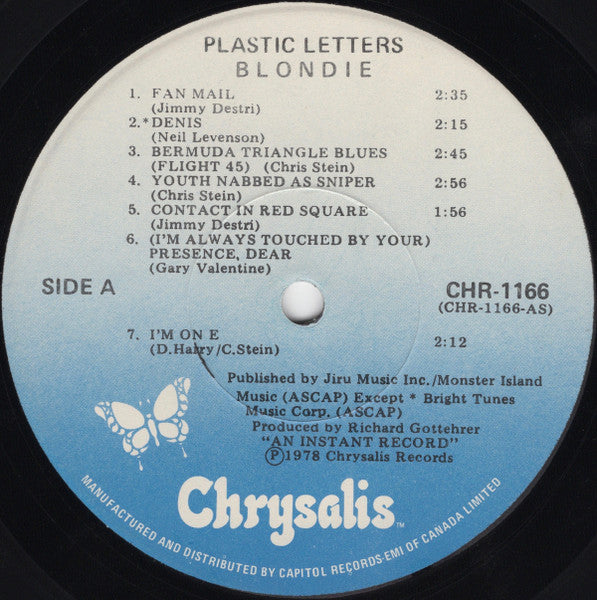 Image of Label Cover of LP - VG+/VG+ - BLONDIE, Plastic Letters (Chrysalis Blue/White; CHR-1166, Canada 1978), ,  - 1526050E