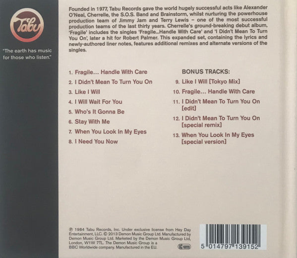 Image of Back Cover of CD - EX/EX - CHERRELLE, Fragile (Tabu Records; TABU1003, UK 2013 Reissue), ,  - 1556081S