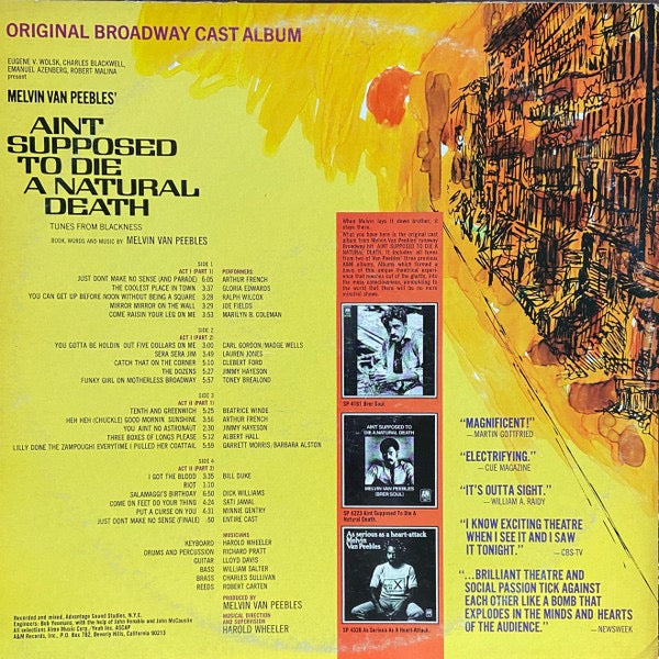 Image of Back Cover of 2xLP - VG/VG - MELVIN VAN PEEBLES, Ain't Supposed To Die A Natural Death (Tunes From Blackness) (Original Broadway Cast Album) (A&M Records; SP 3510, US 1972, Gatefold, Company Inner), ,  - 1516150C