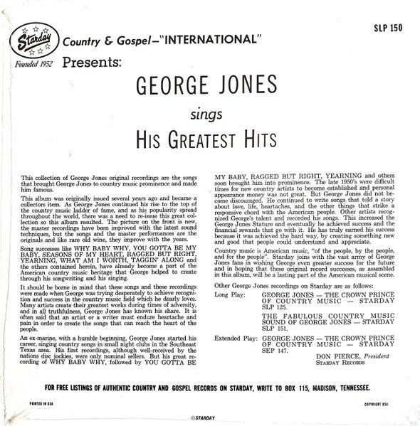 Image of Back Cover of LP - VG/VG - GEORGE JONES, George Jones Sings His Greatest Hits (Starday Records; SLP 150, US 1987 Reissue), ,  - 1516094C