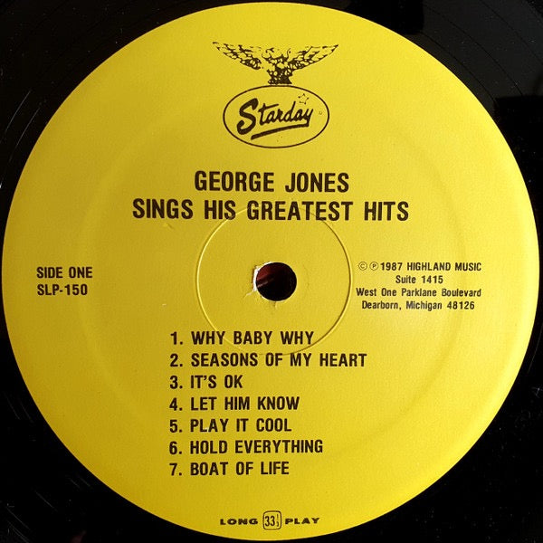 Image of Label Cover of LP - VG/VG - GEORGE JONES, George Jones Sings His Greatest Hits (Starday Records; SLP 150, US 1987 Reissue), ,  - 1516094C