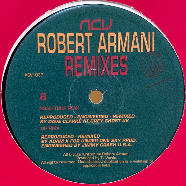 Image of Front Cover of 12" - G+/G+ - ROBERT ARMANI, Remixes (ACV; ACV 1037, Italy 1994, Die Cut Company Sleeve, Repress), Scuffs and storage marks. General wear to black company sleeve. ,  - 1516138C