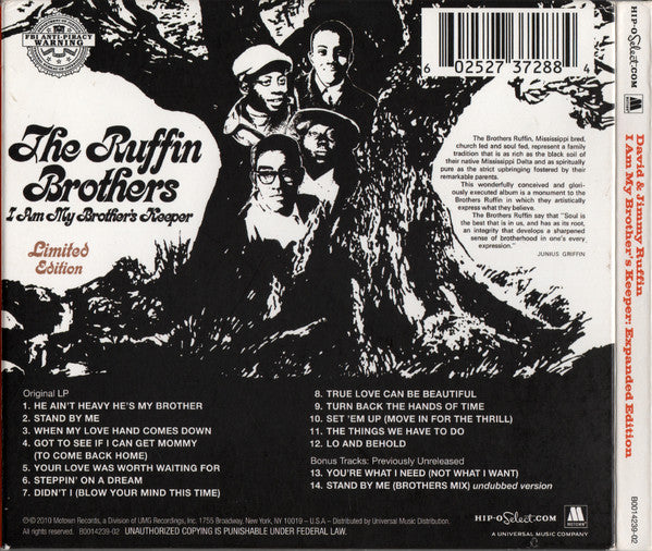 Image of Back Cover of CD - EX/EX - THE RUFFIN BROTHERS, I Am My Brother's Keeper: Expanded Edition (Hip-O Select; B0014239-02, US 2010, Limited Edition, Compilation), Still SEALED In Shrinkwrap,  - 1556112S