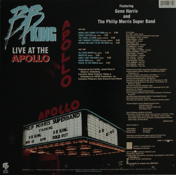 Image of Back Cover of LP - VG+/VG+ - B.B. KING FEATURING GENE HARRIS AND THE PHILIP MORRIS SUPER BAND, Live At The Apollo (GRP; GR-9637, US 1991), Cut-out (Notched),  - 1516161C