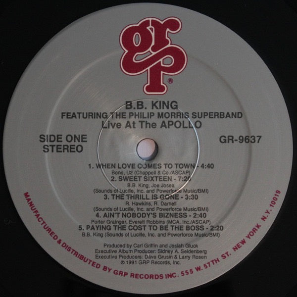 Image of Label Cover of LP - VG+/VG+ - B.B. KING FEATURING GENE HARRIS AND THE PHILIP MORRIS SUPER BAND, Live At The Apollo (GRP; GR-9637, US 1991), Cut-out (Notched),  - 1516161C