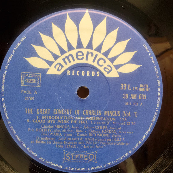 Image of Label Cover of 3xLP - G+/VG+ - CHARLES MINGUS, The Great Concert Of Charles Mingus (America Records; 30 AM 003-004-005, France Reissue, Triple Gatefold), Edgewear - spine is tattered, partial seam splits elsewhere. Ringwear. ,  - 1526127E