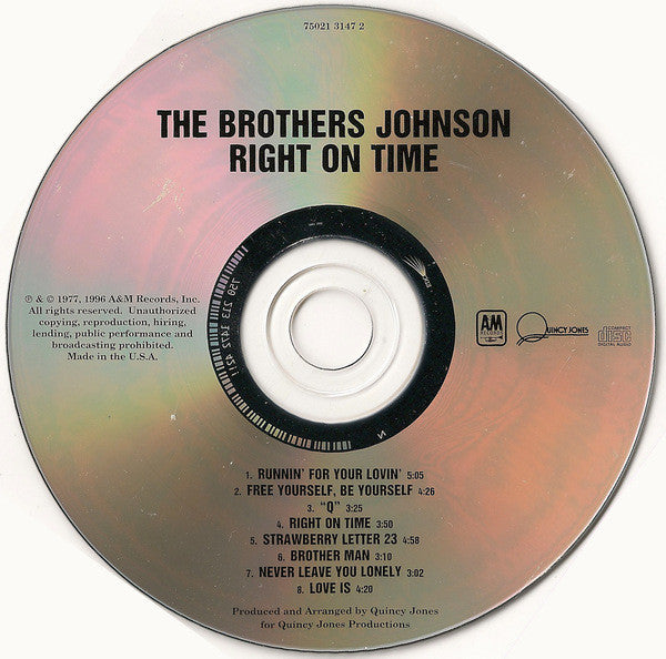 Image of Label Cover of CD - VG+/VG+ - THE BROTHERS JOHNSON, Right On Time (A&M Records; 75021 3147 2, US 1996, Jewel Case), ,  - 2216004C