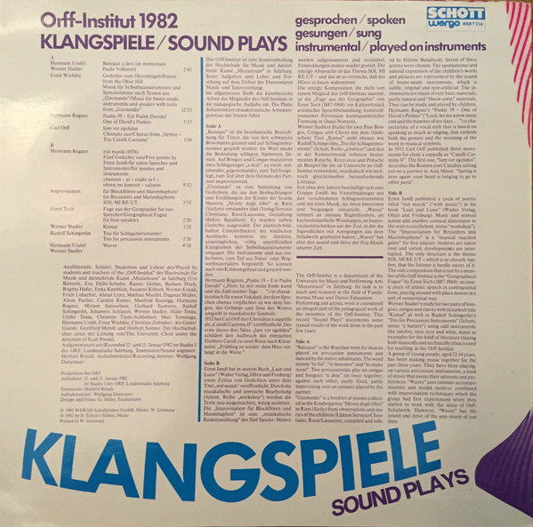 Image of Back Cover of LP - VG/VG - VARIOUS ARTISTS, Klangspiele / Sound Plays (Schott Wergo ; T 214, Germany 1982), Strong VG,  - 1526203E