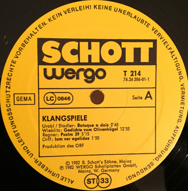Image of Label Cover of LP - VG/VG - VARIOUS ARTISTS, Klangspiele / Sound Plays (Schott Wergo ; T 214, Germany 1982), Strong VG,  - 1526203E
