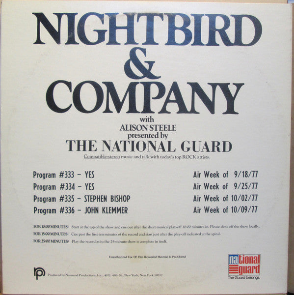 Image of Back Cover of 2xLP - VG+/VG+ - YES / STEPHEN BISHOP / JOHN KLEMMER, Nightbird & Company: Cosmic Connections (The National Guard; 75403, US 1977, Gatefold), Interviews with Rick Wakeman and Steve Howe from "Going For The One" era.,  - 1526210E