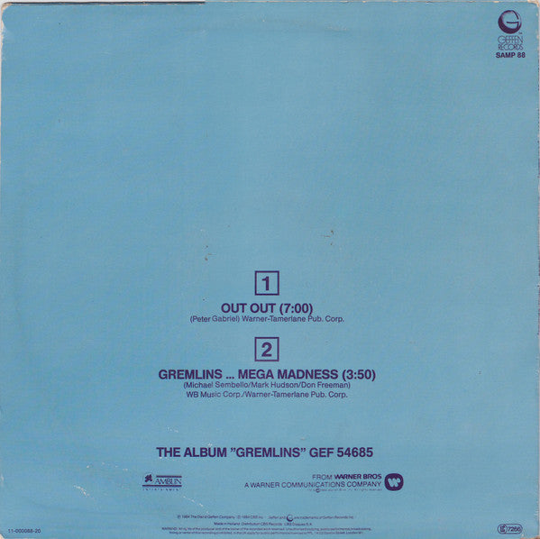 Image of Back Cover of 12" - VG/VG+ - PETER GABRIEL / MICHAEL SEMBELLO, Out Out / Gremlins... Mega Madness (Geffen Records; SAMP 88, Europe 1984, Promo), A few light hairlines only,  - 1526211E