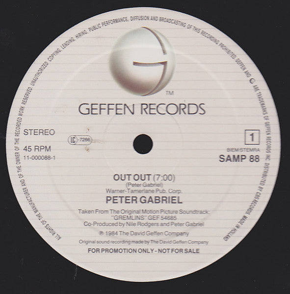 Image of Label Cover of 12" - VG/VG+ - PETER GABRIEL / MICHAEL SEMBELLO, Out Out / Gremlins... Mega Madness (Geffen Records; SAMP 88, Europe 1984, Promo), A few light hairlines only,  - 1526211E