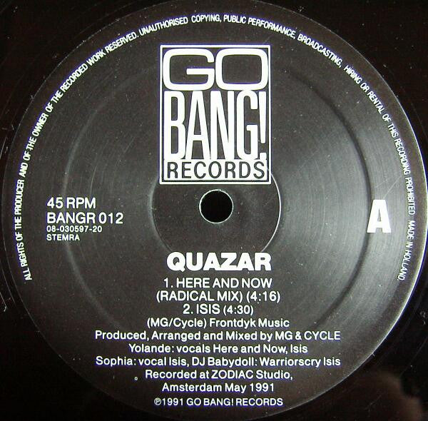 Image of Label Cover of 12" - VG/VG+ - QUAZAR, Here & Now (Remix) / Midsummernight's Dream (Go Bang! Records; BANGR 012, Netherlands 1991, Stickered Plain Sleeve), Edge wear and creasing, sticker in nice shape. Only light marks on disc.,  - 1546146S