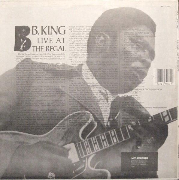 Image of Back Cover of LP - VG/VG+ - B.B. KING, Live At The Regal (MCA Records; MCA-27006, US 1980 Reissue), ,  - 1516279C