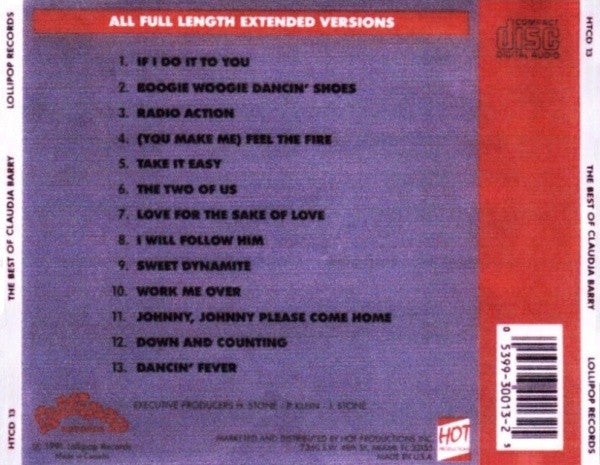 Image of Back Cover of CD - VG+/VG - CLAUDJA BARRY, The Best Of Claudja Barry (Lollipop Records; HTCD 13, Canada 1991), A Few Light Marks on CD, Don't Affect Playing,  - 1556056S