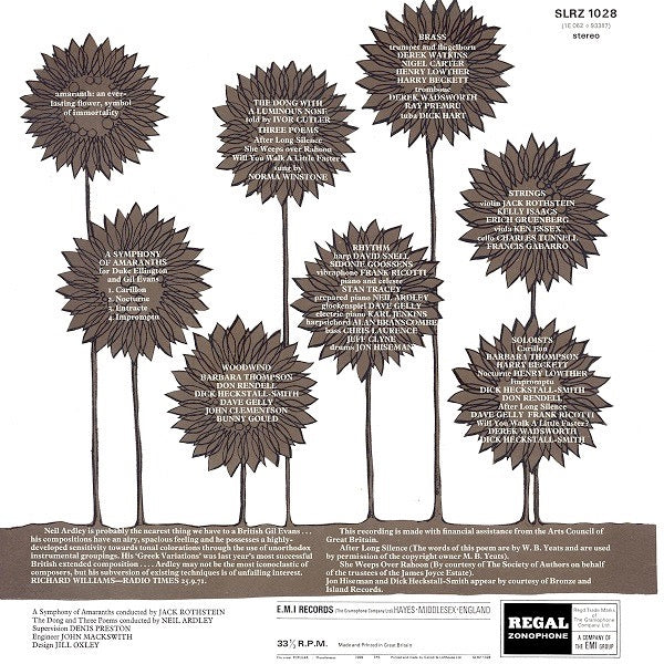 Image of Back Cover of LP - G+/VG - NEIL ARDLEY, A Symphony Of Amaranths (Regal Zonophone; SLRZ 1028, UK 1972), Sleeve is wavy from water damage and has some surface tears to base. Disc has some light storage marks from poly-lined inner but plays well with minimal surface noise.,  - 1516283C