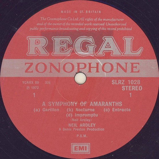 Image of Label Cover of LP - G+/VG - NEIL ARDLEY, A Symphony Of Amaranths (Regal Zonophone; SLRZ 1028, UK 1972), Sleeve is wavy from water damage and has some surface tears to base. Disc has some light storage marks from poly-lined inner but plays well with minimal surface noise.,  - 1516283C