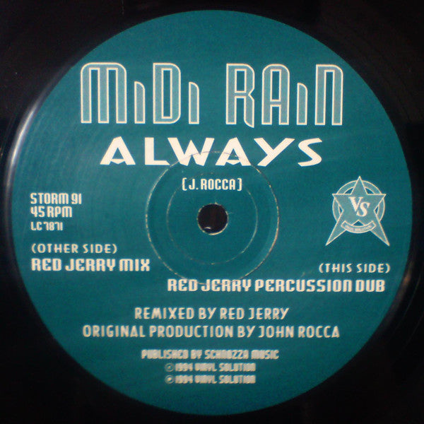 Image of Label Cover of 12" - VG/VG - MIDI RAIN, Always (Red Jerry Mixes) (Vinyl Solution; STORM 91, UK 1994, Picture Sleeve), Large sticker on front of sleeve (previous record shop),  - 1516269C