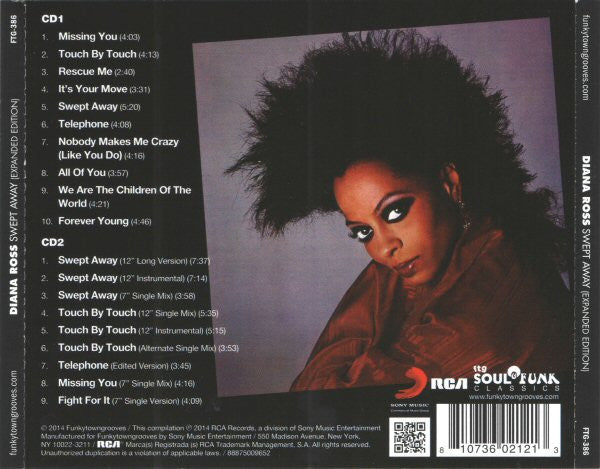 Image of Back Cover of 2xCD - EX/VG+ - DIANA ROSS, Swept Away (Funkytowngrooves; FTG-386, US 2014 Reissue, Expanded Edition), Opened Instore, Light Marks on Disc, Don't affect playing.,  - 1556222S