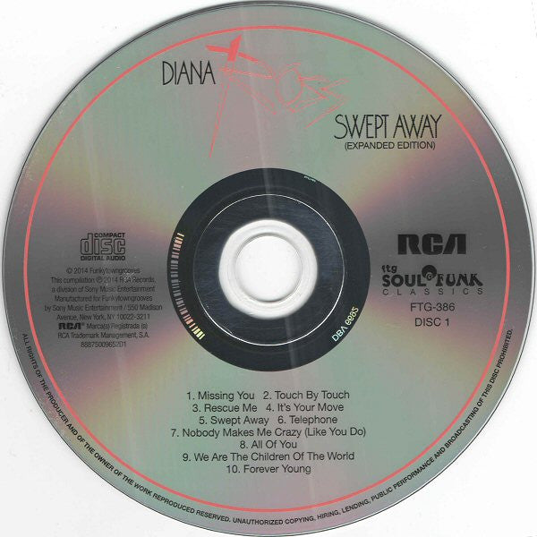 Image of Label Cover of 2xCD - EX/VG+ - DIANA ROSS, Swept Away (Funkytowngrooves; FTG-386, US 2014 Reissue, Expanded Edition), Opened Instore, Light Marks on Disc, Don't affect playing.,  - 1556222S
