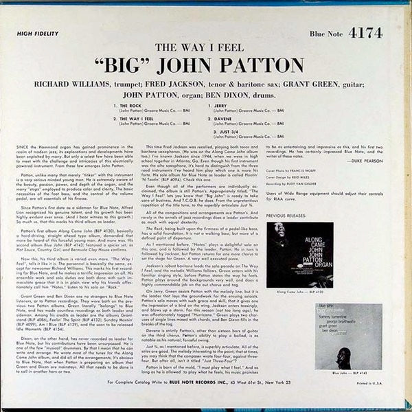 Image of Back Cover of LP - G+/G - 'BIG' JOHN PATTON, 'The Way I Feel' (Blue Note; BLP 4174, US 1964, Pasteback Sleeve, Mono), Heavy edge wear and beginings of splits on top and bottom seam. Disc has lots of light marks but plays well with light surface noise.,  - 1516365C