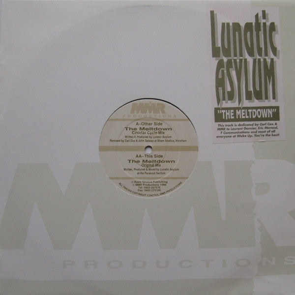 Image of Front Cover of 12" - G/G - LUNATIC ASYLUM, The Meltdown (MMR Productions; MMR008, UK 1994, Stickered Company Sleeve), Label has small rip. Sleeve creased at corners, bent, stained, scuffed and worn, A	The Meltdown (Circular Cycle Mix)AA	The Meltdown (Original Mix) - 1516373C