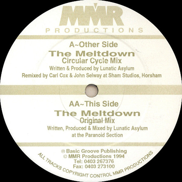Image of Label Cover of 12" - G/G - LUNATIC ASYLUM, The Meltdown (MMR Productions; MMR008, UK 1994, Stickered Company Sleeve), Label has small rip. Sleeve creased at corners, bent, stained, scuffed and worn, A	The Meltdown (Circular Cycle Mix)AA	The Meltdown (Original Mix) - 1516373C