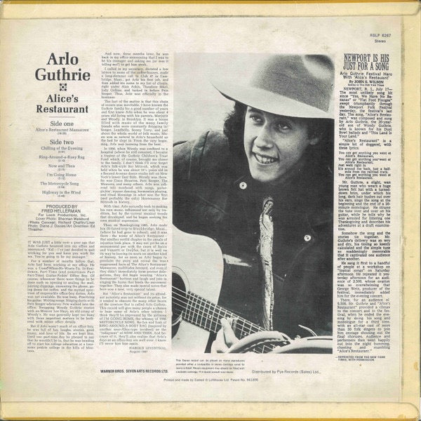Image of Back Cover of LP - VG/VG - ARLO GUTHRIE, Alice's Restaurant (Reprise Records Tri Colour Steamboat Labels; RSLP 6267, UK 1969 Reissue, Laminated Flipback Sleeve), ,  - 1516301C