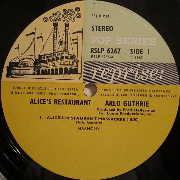 Image of Label Cover of LP - VG/VG - ARLO GUTHRIE, Alice's Restaurant (Reprise Records Tri Colour Steamboat Labels; RSLP 6267, UK 1969 Reissue, Laminated Flipback Sleeve), ,  - 1516301C