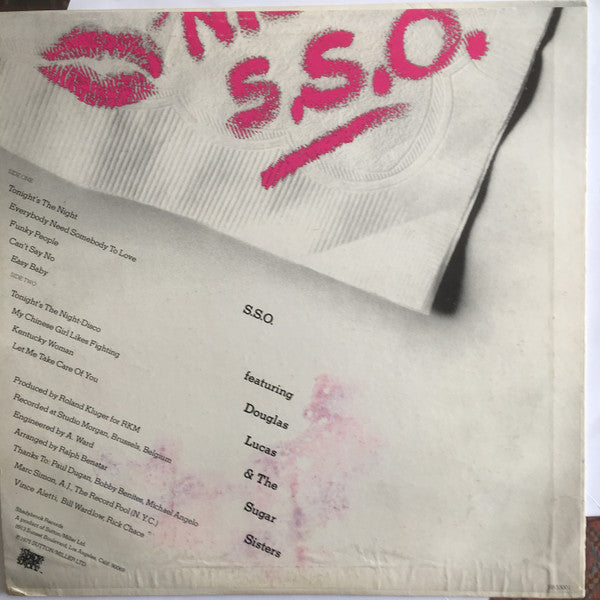 Image of Back Cover of LP - VG/VG - THE S.S.O. ORCHESTRA FEATURING DOUGLAS LUCAS & THE SUGAR SISTERS, Tonight's The Night (Shadybrook Records; SB 33-001, US 1975), Light marks. Tape on edges of cover. Cut out corner. Evidence of previous price sticker.,  - 1526265E