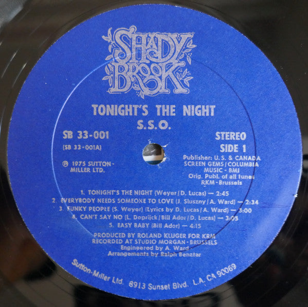 Image of Label Cover of LP - VG/VG - THE S.S.O. ORCHESTRA FEATURING DOUGLAS LUCAS & THE SUGAR SISTERS, Tonight's The Night (Shadybrook Records; SB 33-001, US 1975), Light marks. Tape on edges of cover. Cut out corner. Evidence of previous price sticker.,  - 1526265E
