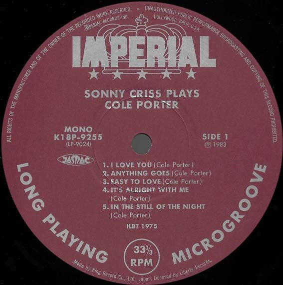 Image of Label Cover of LP - EX/EX - SONNY CRISS, Plays Cole Porter (King; K18P 9255, Japan 1983 Reissue, Insert, No Obi), ,  - 1526267E