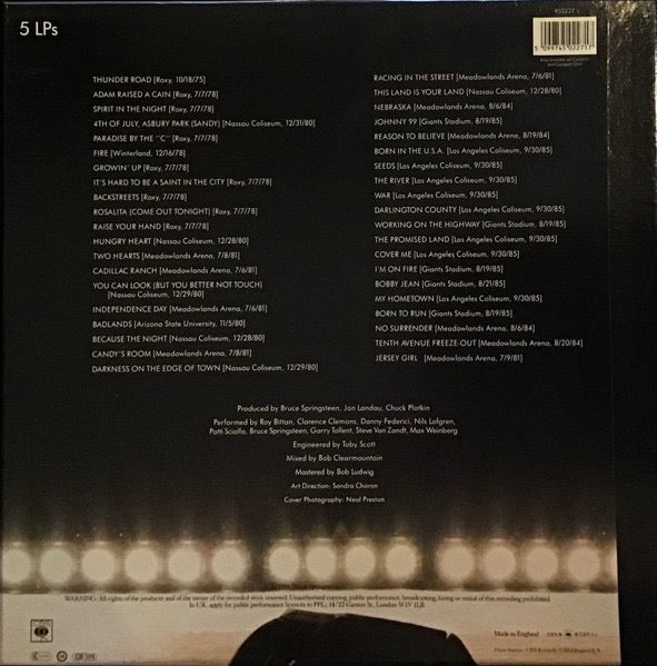 Image of Back Cover of 5xLP - VG/VG - BRUCE SPRINGSTEEN & THE E STREET BAND, Live / 1975-85 (CBS Red Labels With Walking Eye Logo In Either Rim Text Or At Bottom Depending On Side; 450227 1, UK 1986, Stickered Box Set, 5 Inners & Booklet), Small bit of fogging on Side 5, does not effect play.,  - 3116121C