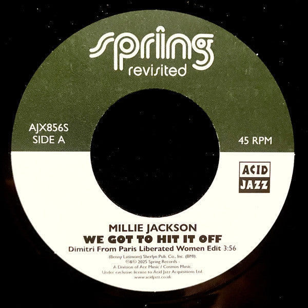 Image of Label Cover of 7" - VG/VG+ - MILLIE JACKSON / THE JONESES, We Got To Hit It Off / Love Contest (Acid Jazz; AJX856S, UK 2025, Company Sleeve), Sleeve has bumped and creased corners, A Millie Jackson   We Got To Hit It Off (Dimitri From Paris Liberated Woman Edit)AA The Joneses   Love Contest (Dave Lee's Mini Disco Mix) - 1516379C