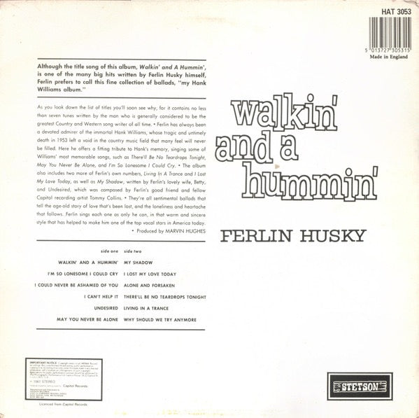 Image of Back Cover of LP - VG/VG+ - FERLIN HUSKY, Walkin' And A Hummin' (Stetson; HAT 3053, UK 1980s Reissue), ,  - 1516314C