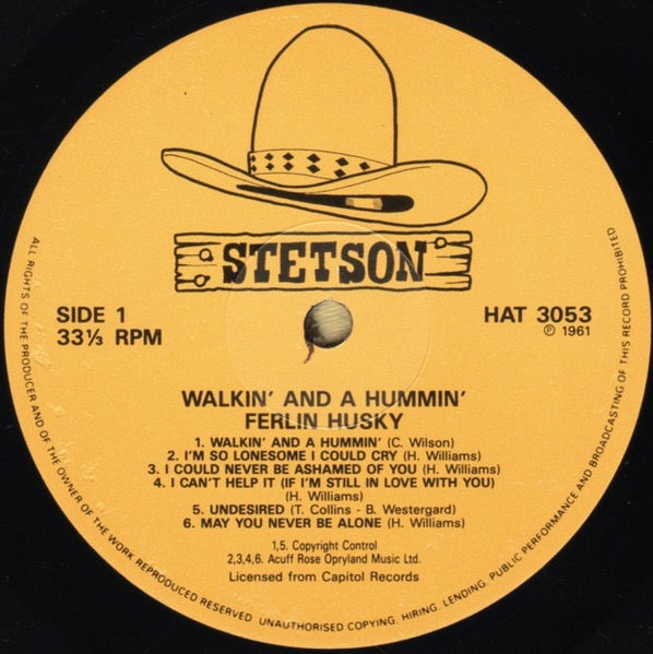 Image of Label Cover of LP - VG/VG+ - FERLIN HUSKY, Walkin' And A Hummin' (Stetson; HAT 3053, UK 1980s Reissue), ,  - 1516314C