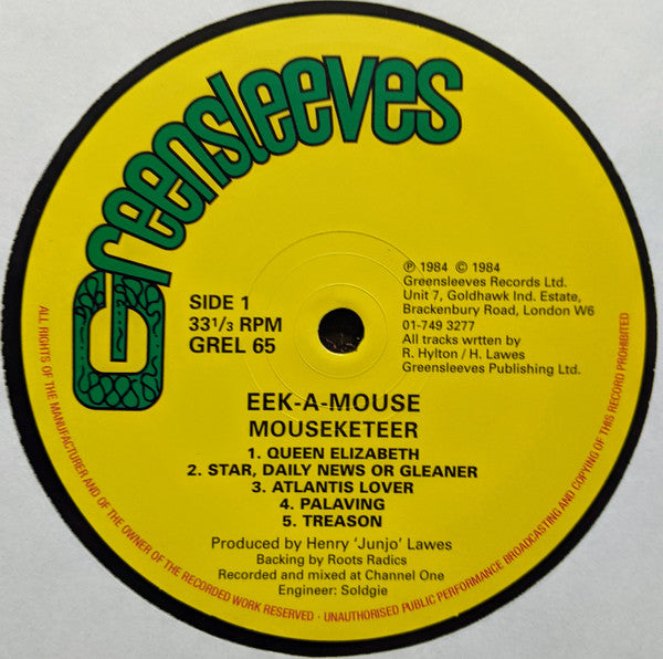 Image of Label Cover of LP - VG/VG+ - EEK-A-MOUSE, Mouseketeer (Greensleeves Records; GREL 65, UK ), ,  - 1516444C