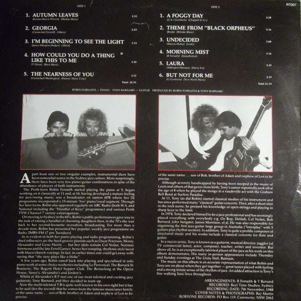 Image of Back Cover of LP - VG/VG+ - ROBIN FORSAITH AND TONY BARNARD, Songs Without Words (Robtone Records; RT 007, Australia 1988), ,  - 1526243E