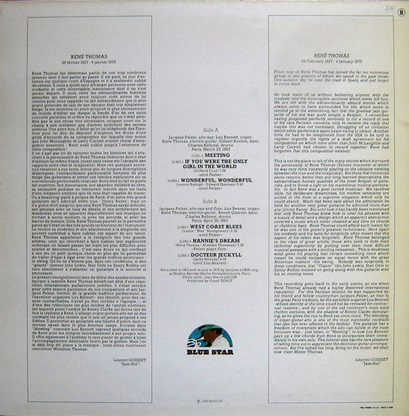 Image of Back Cover of LP - G+/VG+ - REN  THOMAS, "Meeting Mister Thomas" (Blue Star; 80.708, France 1976), Bottom Seam Split for 10cm,  - 1526244E
