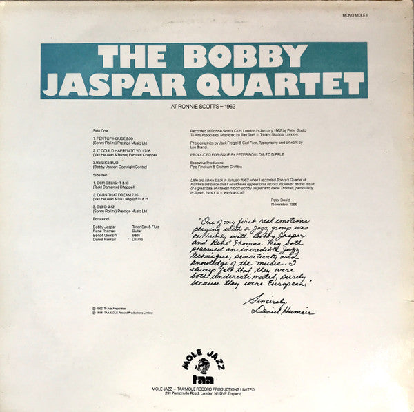Image of Back Cover of LP - VG/VG+ - THE BOBBY JASPAR QUARTET, The Bobby Jaspar Quartet At Ronnie Scott's 1962 (Mole Jazz; Mole 11, UK 1986), Writing On Rear Sleeve,  - 1526245E