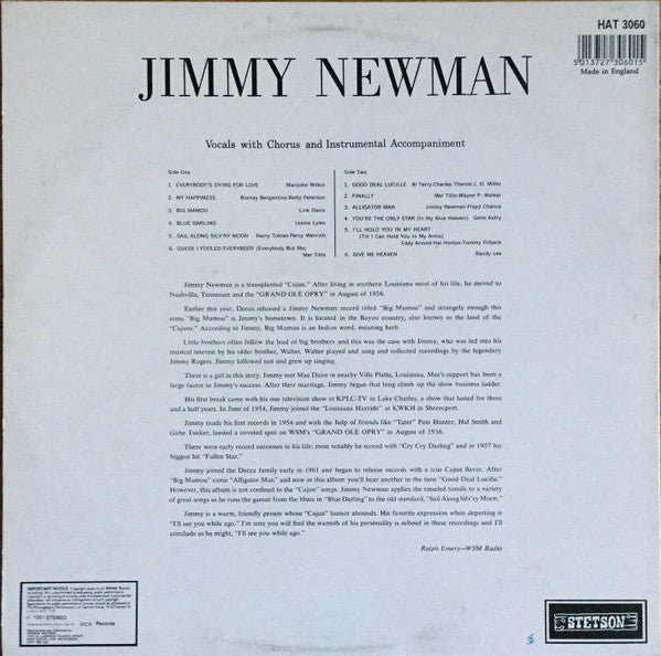 Image of Back Cover of LP - VG/VG - JIMMY C. NEWMAN, Jimmy Newman (Stetson; HAT 3060, UK 1980s Reissue), Strong VG, Red pen on rear sleeve. ,  - 1516494C