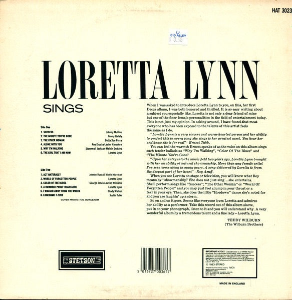 Image of Back Cover of LP - VG/VG+ - LORETTA LYNN, Loretta Lynn Sings (Stetson; HAT 3023, UK 1980s Reissue), Tracks on rear sleeve highlighted in highlighter pen. ,  - 1516495C