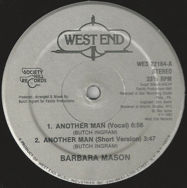 Image of Back Cover of 12" - /VG - BARBARA MASON, Another Man (Vocal/Short/Instrumental/Rap) (West End Records; WES 22164, US 1983, No Company Sleeve), Record very slightly fogged,  - 1516527C