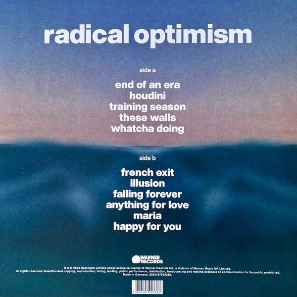 Image of Back Cover of LP - VG+/VG+ - DUA LIPA, Radical Optimism (Warner Records; 5054197943386, Worldwide 2024, Inner & Insert, Cura ao Blue Vinyl), ,  - 4046091S