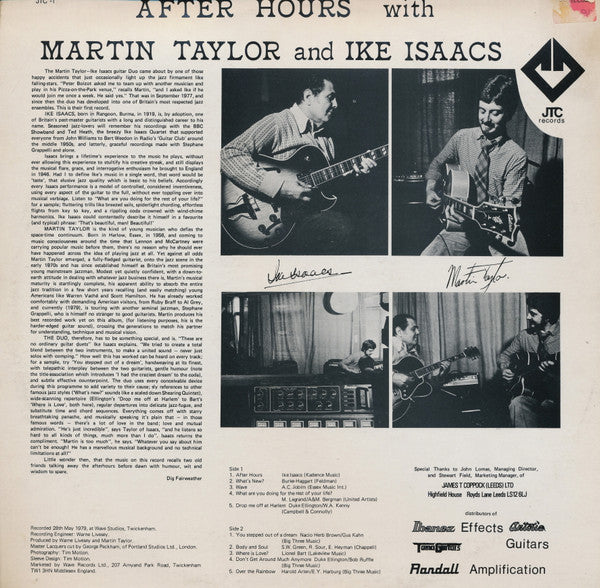 Image of Back Cover of LP - G+/VG - MARTIN TAYLOR, IKE ISAACS, After Hours (JTC Records; JTC 1, UK 1979), ,  - 1526300E
