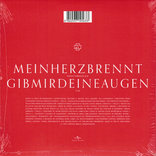 Image of Back Cover of 7" - EX/M - RAMMSTEIN, Mein Herz Brennt (Universal Music Group; 0602537195633, Europe 2012), SEALED,  - 1516549C