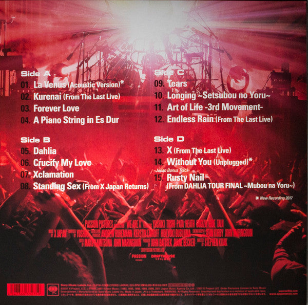 Image of Back Cover of LP - VG+/VG+ - X JAPAN, We Are X: Original Motion Picture Soundtrack (Sony Records Int'l; SIJP 56~7, Japan 2017, Booklet, Poster, Red/Blue vinyl, Obi strip), Cover signed in gold pen. In original plastic outer with small tear in fold. ,  - 1526371E